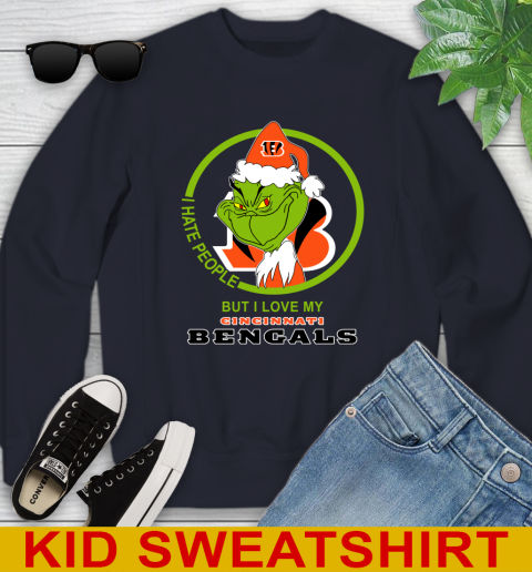 Cincinnati Bengals NFL Christmas Grinch I Hate People But I Love My Favorite Football Team Youth Sweatshirt 3