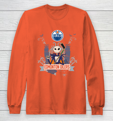 NHL Edmonton Oilers Hockey Jack Skellington Halloween Long Sleeve T-Shirt 3
