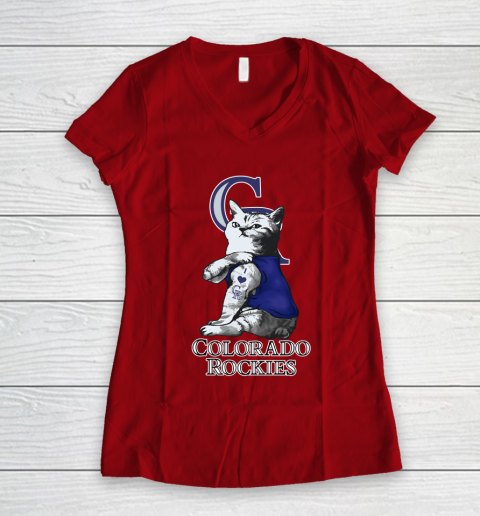 MLB Baseball My Cat Loves Colorado Rockies Women's V-Neck T-Shirt 8