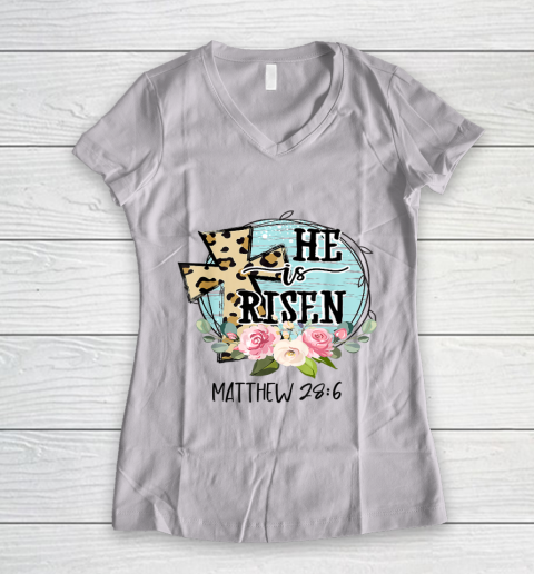 He is Risen Jesus Christian Happy Easter Floral Wreath Women's V-Neck T-Shirt