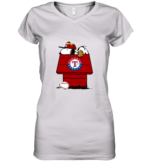 Texas Rangers Snoopy And Woodstock Resting Together MLB Women's V-Neck T-Shirt