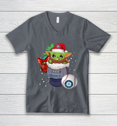 Seattle Mariners Christmas Baby Yoda Star Wars Funny Happy MLB V-Neck T-Shirt 5