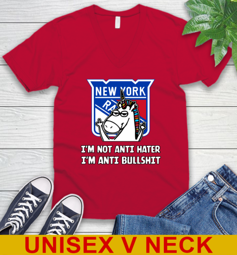 New York Rangers NHL Hockey Unicorn I'm Not Anti Hater I'm Anti Bullshit V-Neck T-Shirt 7