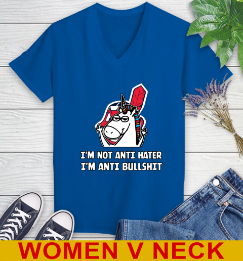 Cleveland Indians MLB Baseball Unicorn I'm Not Anti Hater I'm Anti Bullshit Women's V-Neck T-Shirt 11