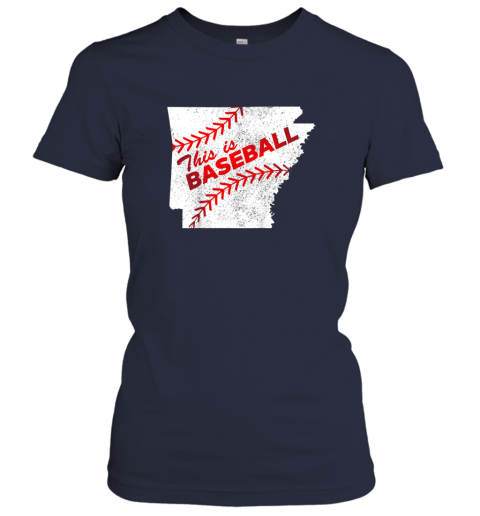 lpn3 this is baseball arkansas with red laces ladies t shirt 20 front navy