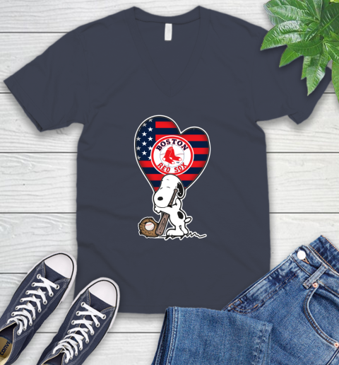 Boston Red Sox MLB Baseball The Peanuts Movie Adorable Snoopy V-Neck T-Shirt 9