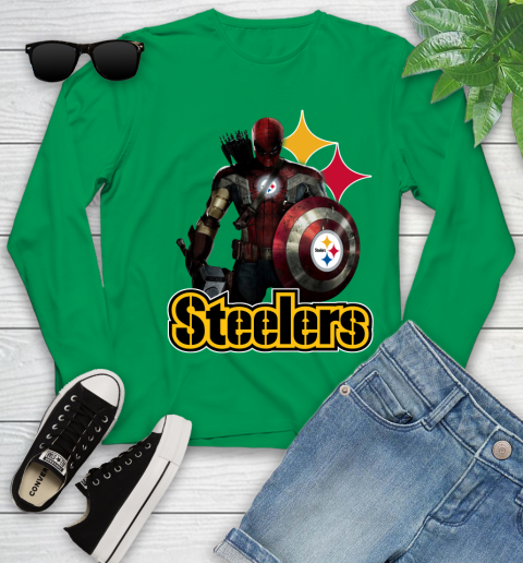 NFL Captain America Thor Spider Man Hawkeye Avengers Endgame Football Pittsburgh Steelers Youth Long Sleeve 6
