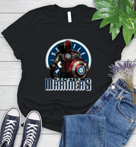 MLB Captain America Thor Spider Man Hawkeye Avengers Endgame Baseball Seattle Mariners Women's T-Shirt 2