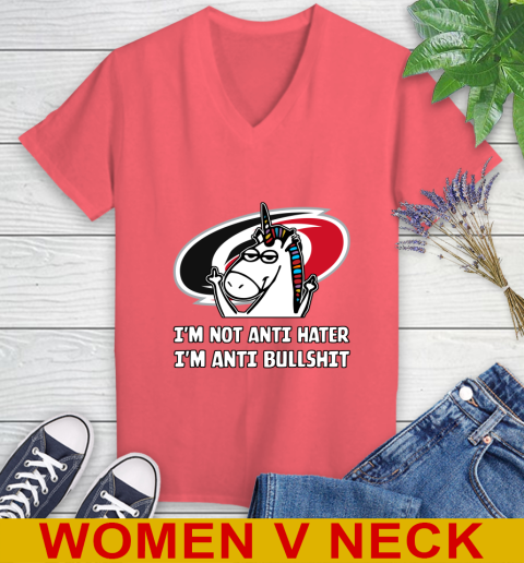 Carolina Hurricanes NHL Hockey Unicorn I'm Not Anti Hater I'm Anti Bullshit Women's V-Neck T-Shirt 7