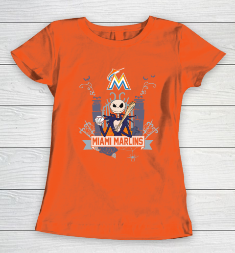 MLB Miami Marlins Baseball Jack Skellington Halloween Women's T-Shirt 3