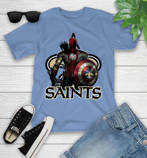 NFL Captain America Thor Spider Man Hawkeye Avengers Endgame Football New Orleans Saints Youth T-Shirt 11