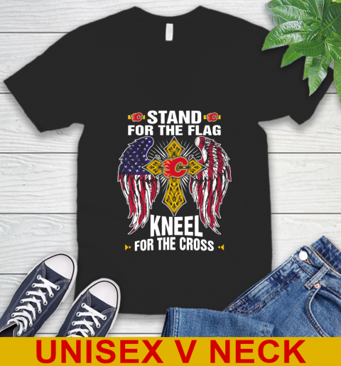 NHL Hockey Calgary Flames Stand For Flag Kneel For The Cross Shirt V-Neck T-Shirt