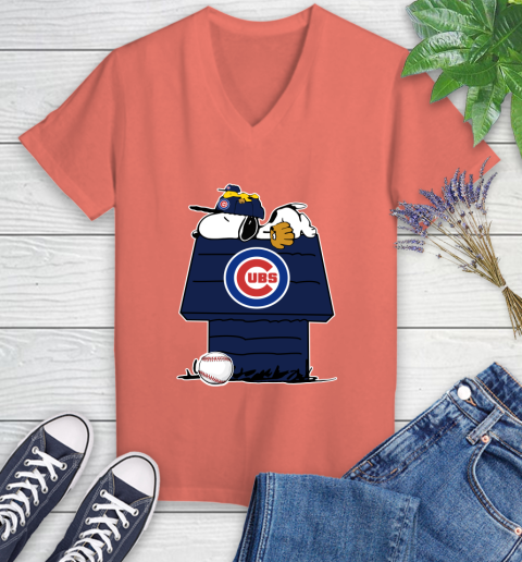MLB Chicago Cubs Snoopy Woodstock The Peanuts Movie Baseball T Shirt Women's V-Neck T-Shirt 6