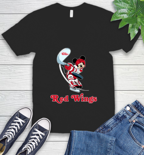 NHL Hockey Detroit Red Wings Cheerful Mickey Mouse Shirt V-Neck T-Shirt