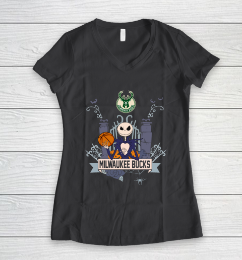 NBA Milwaukee Bucks Basketball Jack Skellington Halloween Women's V-Neck T-Shirt 6