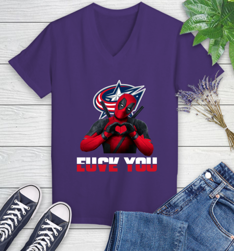 NHL Columbus Blue Jackets Deadpool Love You Fuck You Hockey Sports Women's V-Neck T-Shirt 3