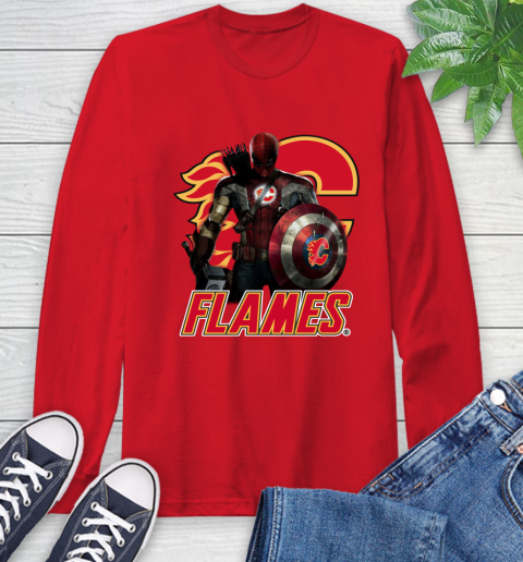 NHL Captain America Thor Spider Man Hawkeye Avengers Endgame Hockey Calgary Flames Long Sleeve T-Shirt 10