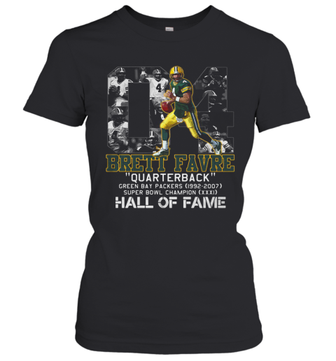 04 Brett Favre Quarterback Green Bay Packers 1992 2007 Super Bowl Champion Hall Of Fame Women's T-Shirt