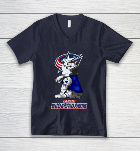 NHL My Cat Loves Columbus Blue Jackets Hockey V-Neck T-Shirt 2