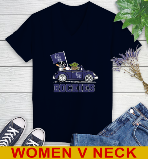 MLB Baseball Colorado Rockies Darth Vader Baby Yoda Driving Star Wars Shirt Women's V-Neck T-Shirt 3