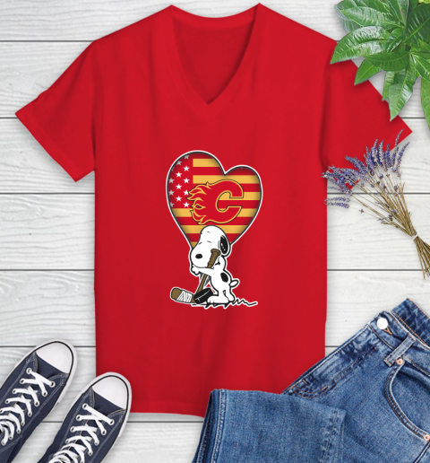 Calgary Flames NHL Hockey The Peanuts Movie Adorable Snoopy Women's V-Neck T-Shirt 12