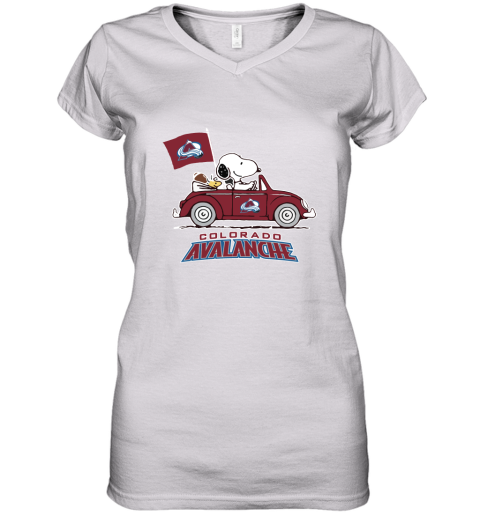 Snoopy And Woodstock Ride The Colorado Avalanche Car NHL Women's V-Neck T-Shirt