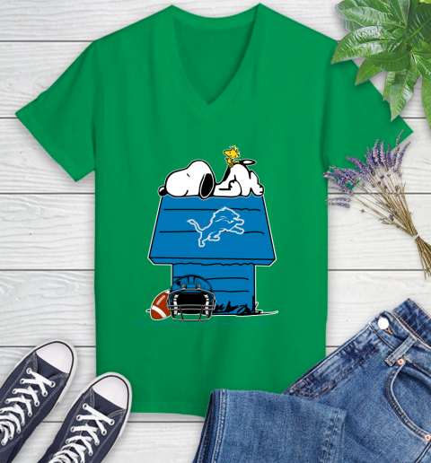 Detroit Lions NFL Football Snoopy Woodstock The Peanuts Movie Women's V-Neck T-Shirt 5
