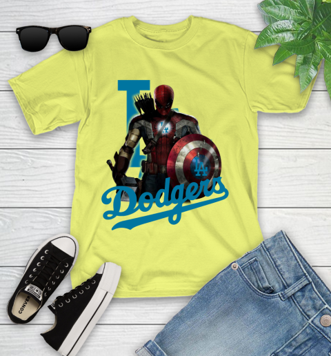 MLB Captain America Thor Spider Man Hawkeye Avengers Endgame Baseball Los Angeles Dodgers Youth T-Shirt 8