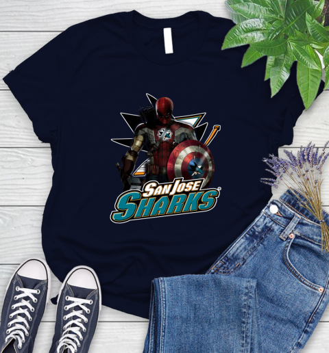 NHL Captain America Thor Spider Man Hawkeye Avengers Endgame Hockey San Jose Sharks Women's T-Shirt 3