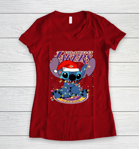 Los Angeles Lakers NBA noel stitch Basketball Christmas Women's V-Neck T-Shirt 6