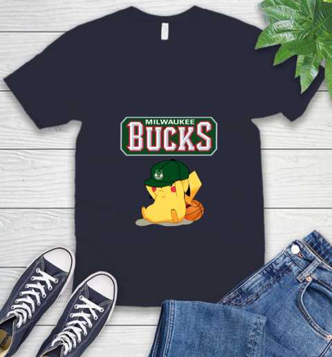 NBA Pikachu Basketball Sports Milwaukee Bucks V-Neck T-Shirt 3