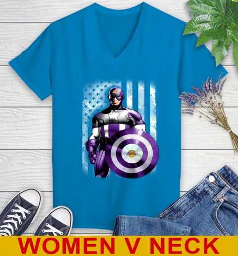 Los Angeles Lakers NBA Basketball Captain America Marvel Avengers American Flag Shirt Women's V-Neck T-Shirt 7