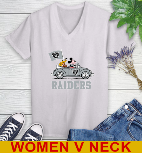 NFL Football Oakland Raiders Pluto Mickey Driving Disney Shirt Women's V-Neck T-Shirt