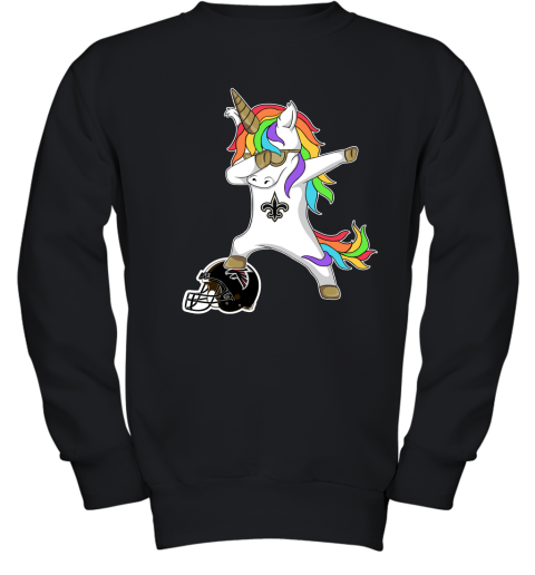 3agv football dabbing unicorn steps on helmet new orleans saints youth sweatshirt 47 front black