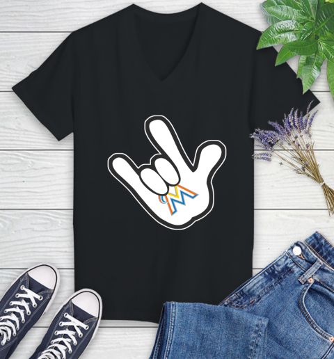 Miami Marlins MLB Baseball Mickey Rock Hand Disney Women's V-Neck T-Shirt 2
