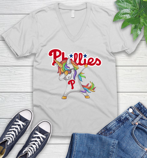 Philadelphia Phillies MLB Baseball Funny Unicorn Dabbing Sports V-Neck T-Shirt