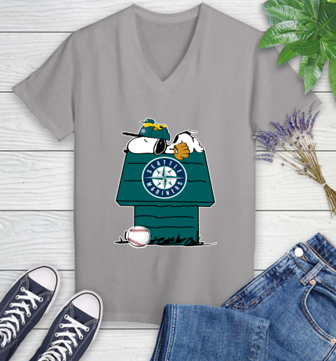 MLB Seattle Mariners Snoopy Woodstock The Peanuts Movie Baseball T Shirt Women's V-Neck T-Shirt 4