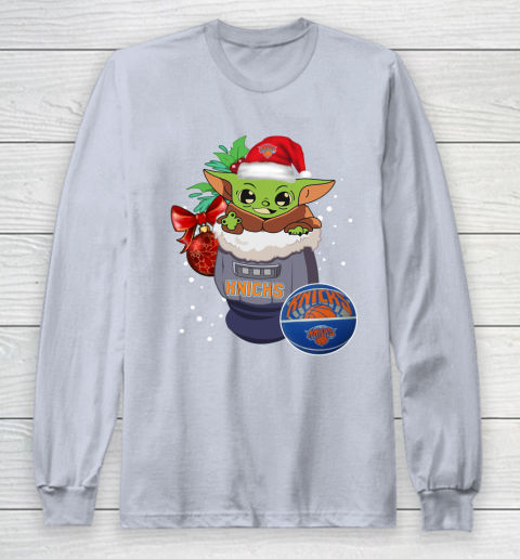 New York Knicks Christmas Baby Yoda Star Wars Funny Happy NBA Long Sleeve T-Shirt 6