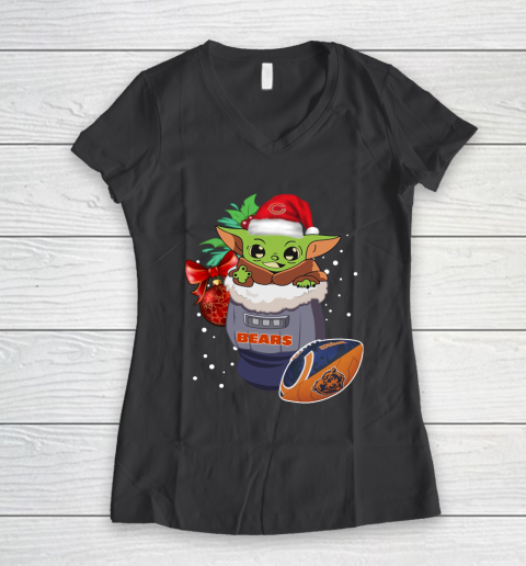 Chicago Bears Christmas Baby Yoda Star Wars Funny Happy NFL Women's V-Neck T-Shirt 8