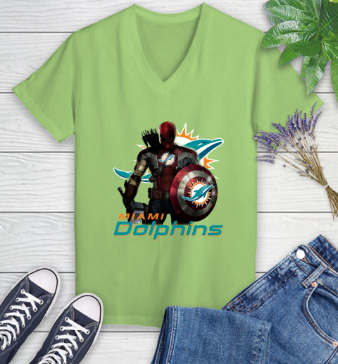 NFL Captain America Thor Spider Man Hawkeye Avengers Endgame Football Miami Dolphins Women's V-Neck T-Shirt 11
