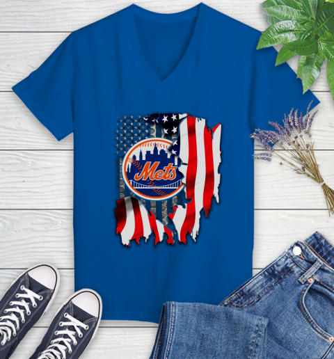 New York Mets MLB Baseball American Flag Women's V-Neck T-Shirt 10
