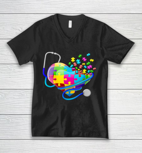Funny Nurse Autism Puzzle Stethoscope Heart Puzzle Autism Awareness V-Neck T-Shirt