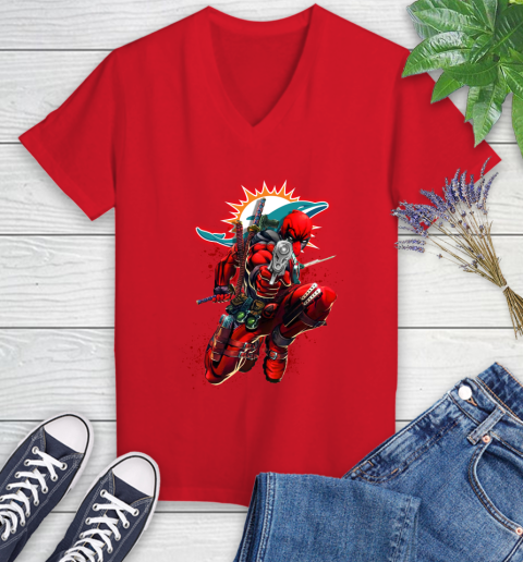 NFL Deadpool Marvel Comics Sports Football Miami Dolphins Women's V-Neck T-Shirt 12