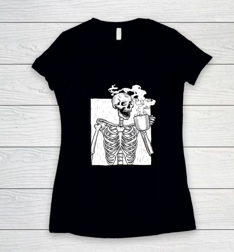 Skeleton Drinking Coffee Shirt Death Drinking Coffee Skull Halloween Women's V-Neck T-Shirt