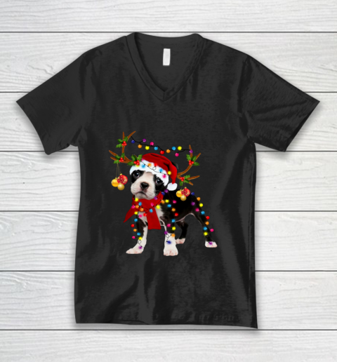Santa Boston terrier reindeer Light Christmas gifts V-Neck T-Shirt