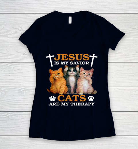 Jesus is My Savior Cat are My Therapy Christians Cat Lover Women's V-Neck T-Shirt 2