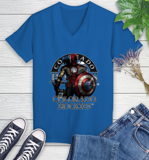 MLB Captain America Thor Spider Man Hawkeye Avengers Endgame Baseball Colorado Rockies Women's V-Neck T-Shirt 10
