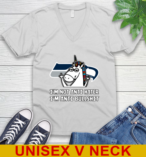 Seattle Seahawks NFL Football Unicorn I'm Not Anti Hater I'm Anti Bullshit V-Neck T-Shirt