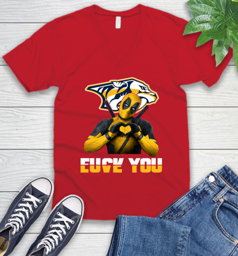 NHL Nashville Predators Deadpool Love You Fuck You Hockey Sports V-Neck T-Shirt 6