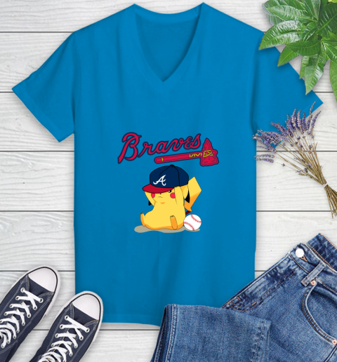 MLB Pikachu Baseball Sports Atlanta Braves Women's V-Neck T-Shirt 7